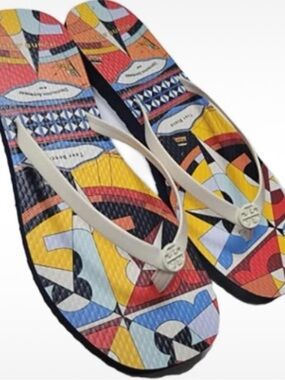 Tory Burch Geometric Multicolor Printed Flip Flop Sandals with Cream Straps